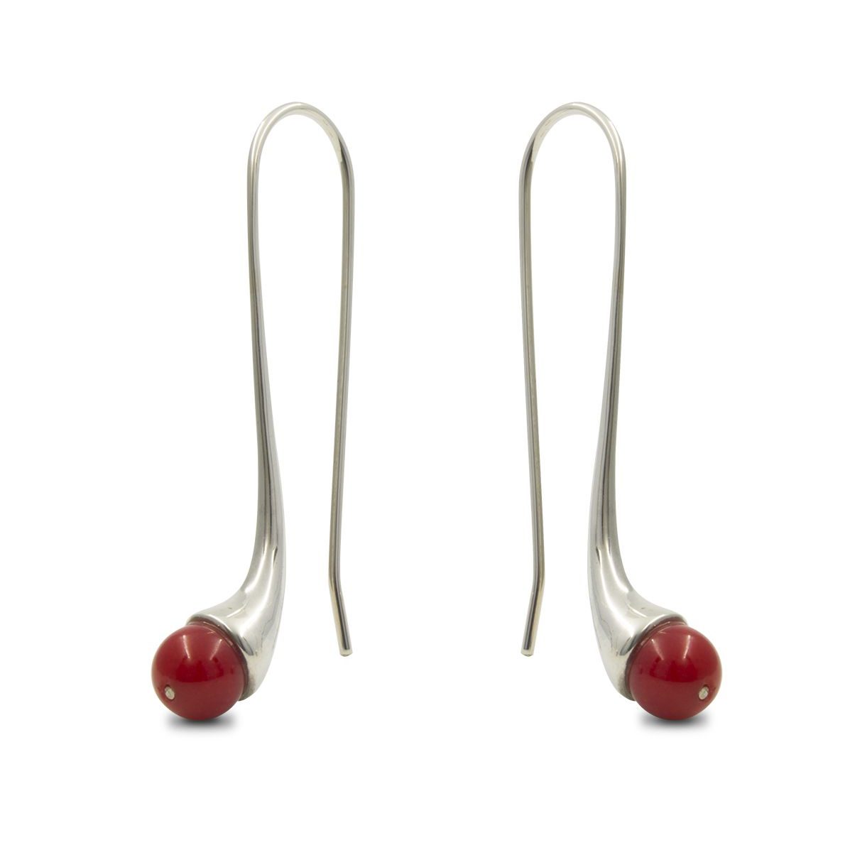 pendientes_mujer-plata-coral-lagrimas1-el-jardin-de-las-delicias Pendientes de plata 925 pulida, con esferas de 6mm de coral "bambú". Diseño inspirado en cuadro El Jardín de las Delicias (Museo del Prado, Madrid). En la simbología plasmada por el Bosco en esta obra, los frutos rojos representaron la tentación. Objeto diseñado y fabricado artesanalmente en Madrid por el estudio-taller de malicia.