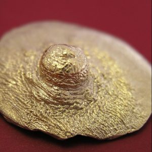 Broche de bronce con baño de oro de 18kt. Reproducción directa del modelo natural, pieza única. La modelo posó para M A L I C I A un mes de agosto. Medida máxima 4cm. Objeto diseñado y fabricado artesanalmente en Madrid porr personas que disfrutan su trabajo.