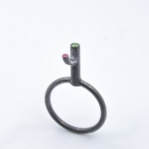 Anillo-colgante de plata ennegrecida con tsavorita (granate verde) y rubí. Se vende con cordón "cola de topo" trojo o negro, de 50cm. El diseño de esta serie de anillos-escultura hace referencia a la expresión española "irse por las ramas", que significa cambiar de tema deviando el discurso. Talla 14 Altura sobre el dedo 14mm Objeto diseñado y fabricado en Madrid por personas que disfrutan su trabajo, y celebran la riqueza de su lengua materna.