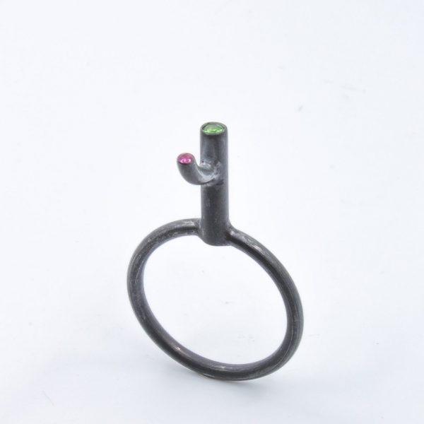 Anillo-colgante de plata ennegrecida con tsavorita (granate verde) y rubí. Se vende con cordón "cola de topo" trojo o negro, de 50cm. El diseño de esta serie de anillos-escultura hace referencia a la expresión española "irse por las ramas", que significa cambiar de tema deviando el discurso. Talla 14 Altura sobre el dedo 14mm Objeto diseñado y fabricado en Madrid por personas que disfrutan su trabajo, y celebran la riqueza de su lengua materna.